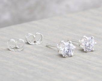 Sterling Silver White Topaz Stud Earrings - April Birthstone Earrings - 4mm Studs - April Birthday - Clear Stud Earrings - Christmas Gift