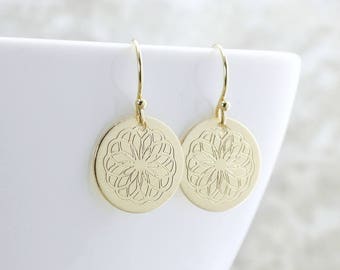 Gold Circle Earrings Engraved Gold Disc Earrings Mandala Earrings Gold Flower Earrings Gold Dangle Earrings Gift For Her Engraved Jewelry