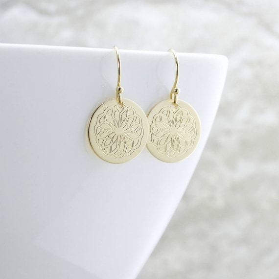 Gold Circle Earrings Engraved Gold Disc Earrings Mandala Earrings Gold Flower Earrings Gold Dangle Earrings Gift For Her Engraved Jewelry