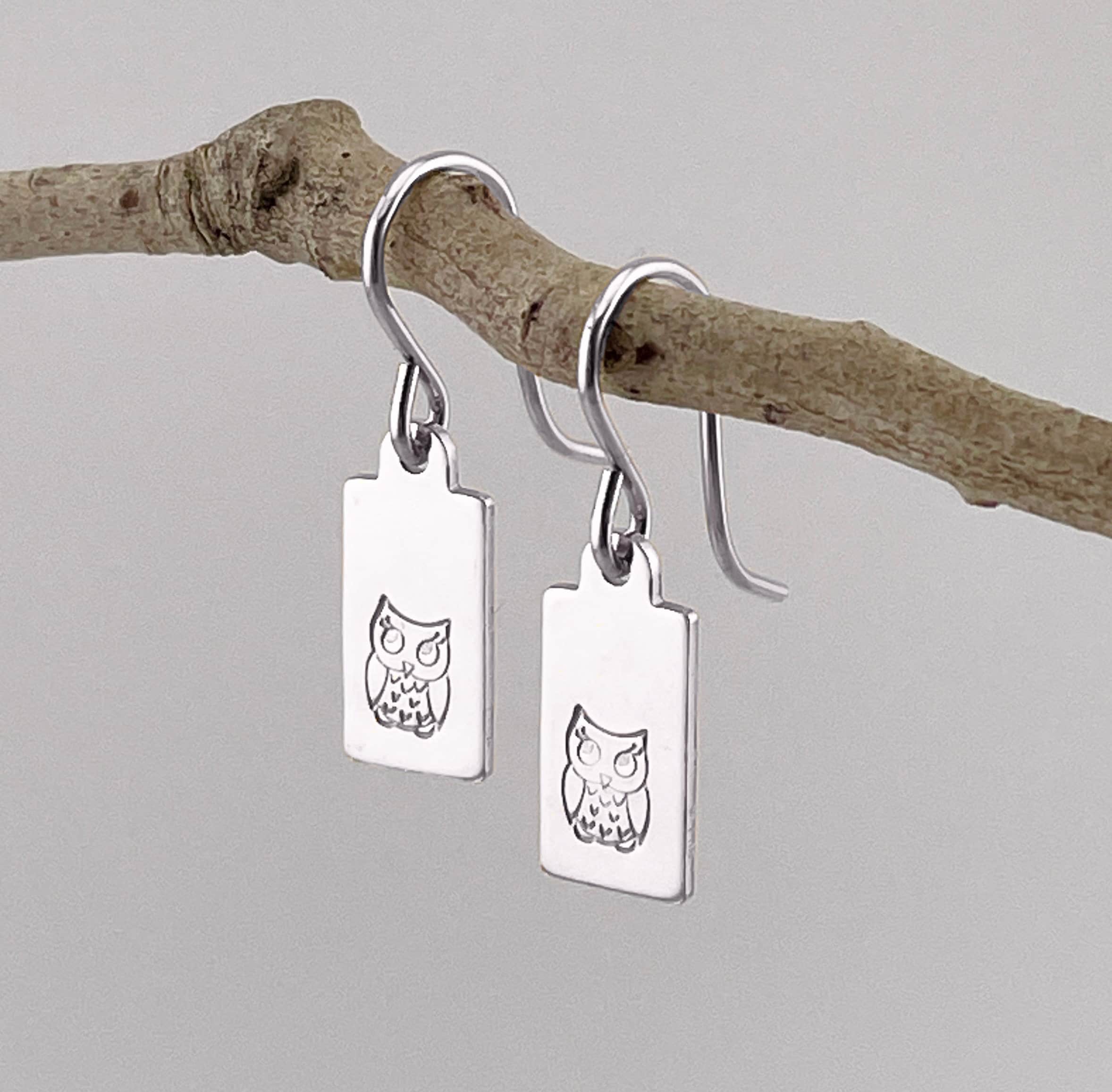Tiny Sterling Silver Darling Owl Earrings - Hand Stamped Minimalist Earrings - Silver Owl Earrings -