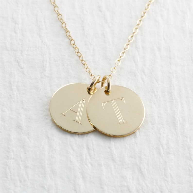 Engraved 14k Solid Gold Initial Necklace, Gold Double Initial Pendant Necklace, 14k Solid Gold Necklace, Personalized Engraved Necklace image 1