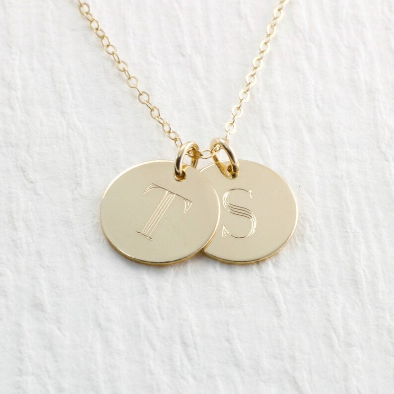 Engraved 14k Solid Gold Initial Necklace, Gold Double Initial Pendant Necklace, 14k Solid Gold Necklace, Personalized Engraved Necklace image 7