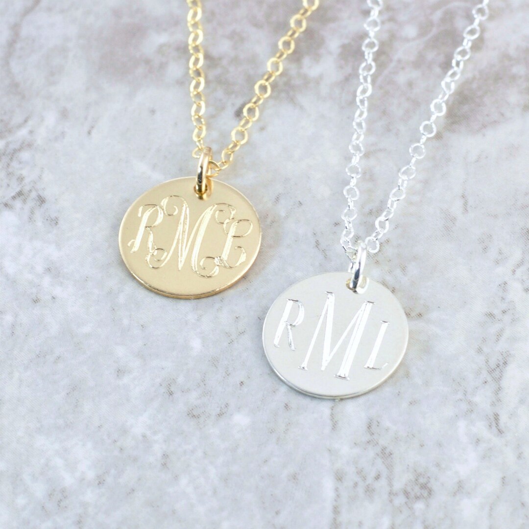 Gold Monogram Necklace Personalized Monogram Disc Name Pendant Silver Monogram Necklace Gift for