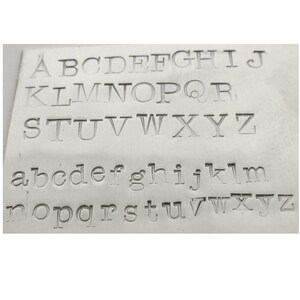 May include: A close-up image of a metal plate with the alphabet printed in uppercase and lowercase letters.