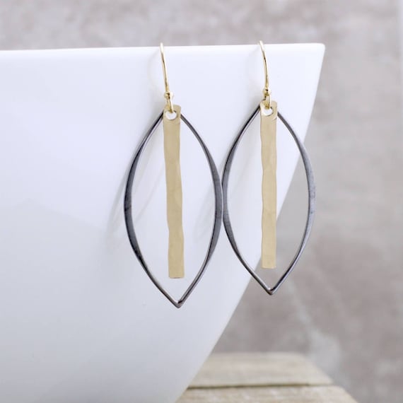 Minimalist Black And Gold Earrings Gold Dangle Earrings Oxidized Black And Gold Earrings Simple Gold Earrings Choice of Silver or Gold Bar