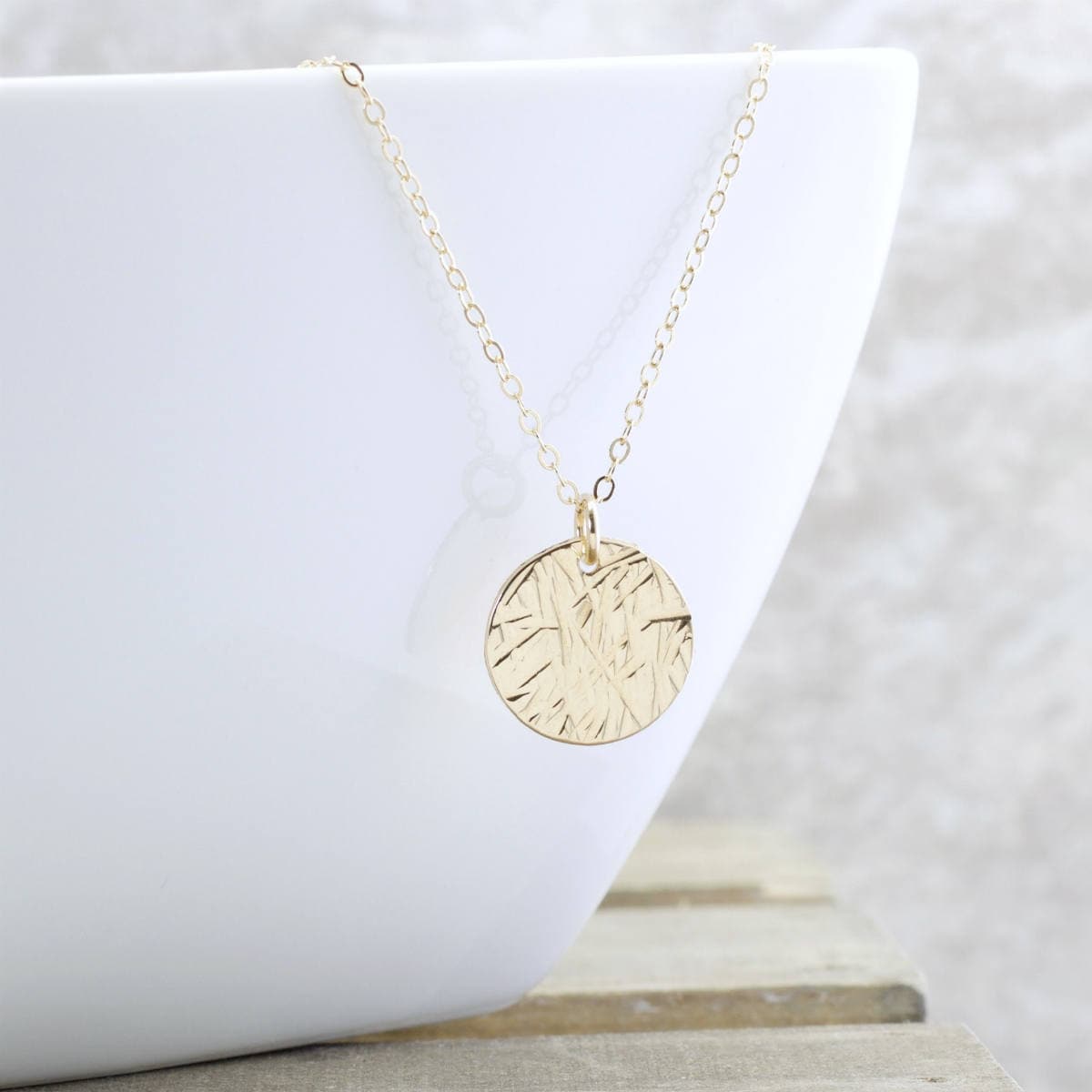 Gold Disc Necklace Textured Circle 