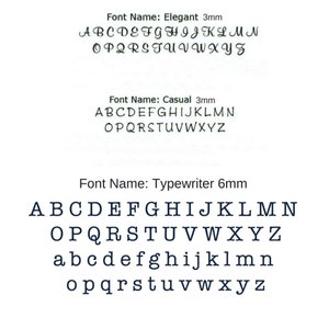 May include: A visual comparison of three different fonts: Elegant 3mm, Casual 3mm, and Typewriter 6mm. The fonts are displayed in uppercase and lowercase letters.