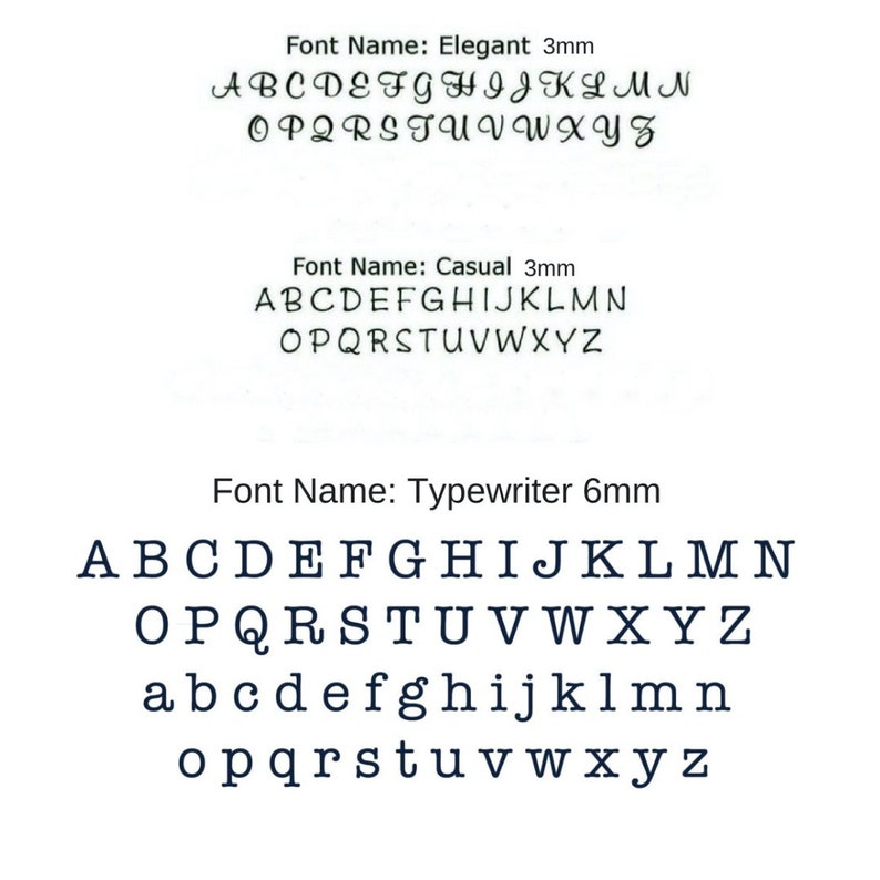 May include: A visual comparison of three different fonts: Elegant 3mm, Casual 3mm, and Typewriter 6mm. The fonts are displayed in uppercase and lowercase letters.