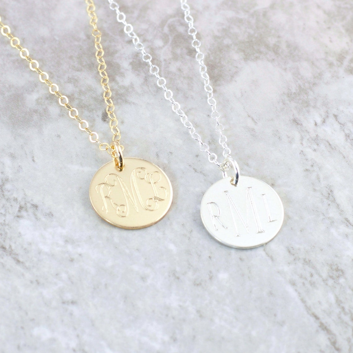 Gold Monogram Necklace Personalized Monogram Disc Name Pendant Etsy