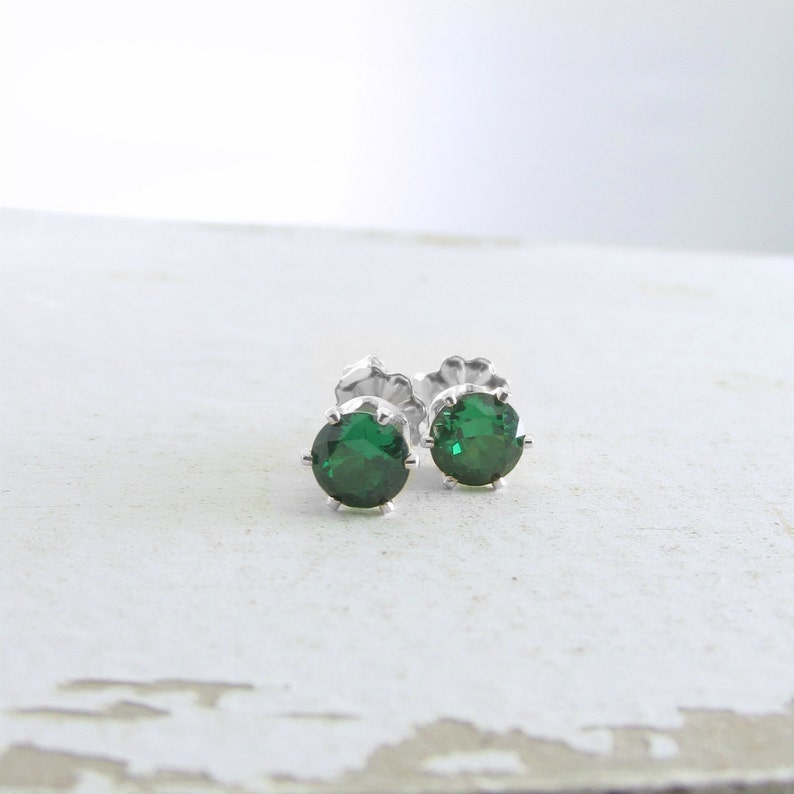 Silver Stud Earrings Silver Emerald Stud Earrings Emerald Earrings May Birthstone Jewelry Green Emerald Earrings Holiday Gift For Her image 3