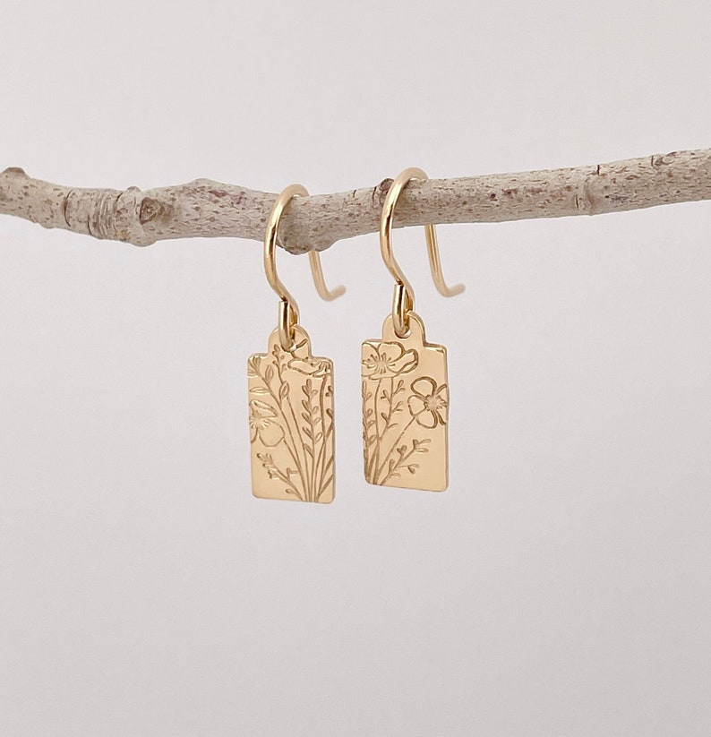 hand stamped wildflower gold filled rectangle dangle earrings