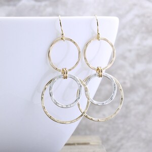 Mixed Metal Earrings Gold And Silver Dangle Earrings Silver Gold Earrings Hammered Circle Earrings Gold Circle Earrings Mixed Metal Jewelry image 2