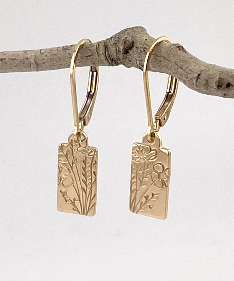 Dainty Gold Filled Wildflower Drop Earrings Hand Stamped Minimalist Earrings Botanical Earrings Tiny Dangle Earrings Gift For Mom image 8