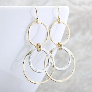 Mixed Metal Earrings Gold And Silver Dangle Earrings Silver Gold Earrings Hammered Circle Earrings Gold Circle Earrings Mixed Metal Jewelry image 3