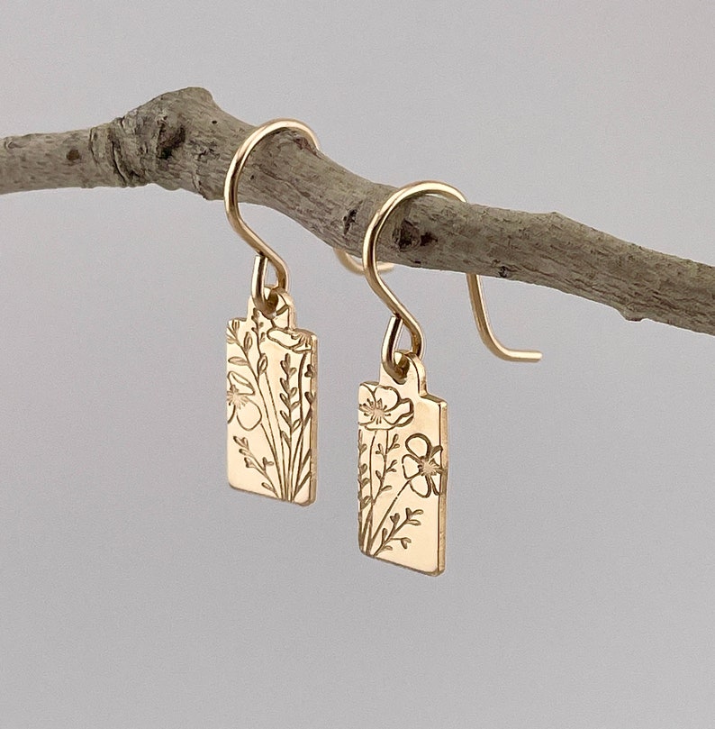 Dainty Gold Filled Wildflower Drop Earrings Hand Stamped Minimalist Earrings Botanical Earrings Tiny Dangle Earrings Gift For Mom image 4