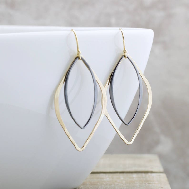 Black And Gold Earrings Marquise Drop Earrings Elegant Dangle Earrings Geometric Jewelry Gold Modern Earrings Gift For Her image 1