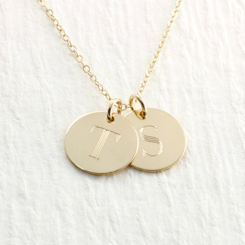 Engraved 14k Solid Gold Initial Necklace, Gold Double Initial Pendant Necklace, 14k Solid Gold Necklace, Personalized Engraved Necklace image 5