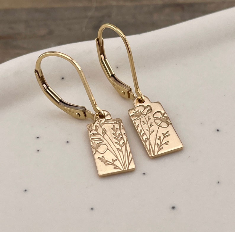 Dainty Gold Filled Wildflower Drop Earrings Hand Stamped Minimalist Earrings Botanical Earrings Tiny Dangle Earrings Gift For Mom image 2