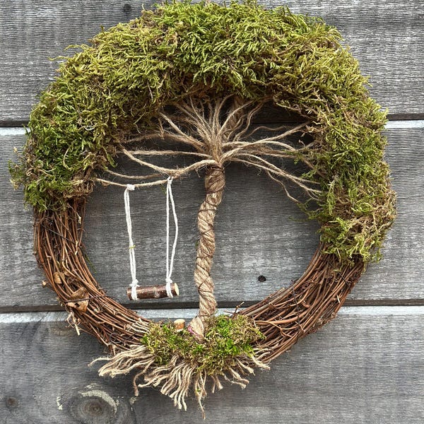 Handmade Tree of Life Wreath, Moss, Jute, Grapevine, Whimsical Swing Decor
