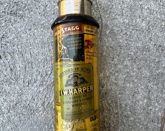 Vintage Whiskey Bottle Collage Table Lighter | Mid-Century Barware | Refillable Butane Cigarette Lighter | Bourbon Bar Decor | Retro Mancave