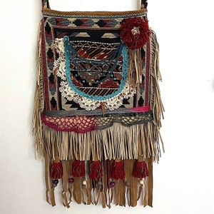 Bolso bandolera/de hombro BOHO de cuero y algodón de inspiración suroeste OOAK