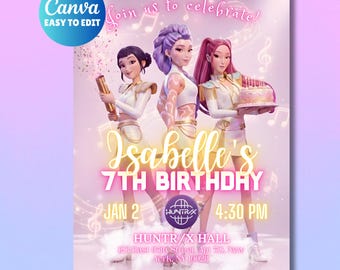 K-pop Demon Hunters Birthday Invitation - Editable Canva Template - Huntrix Golden Rumi Mira Zoey - Printable Party Invite Digital Download