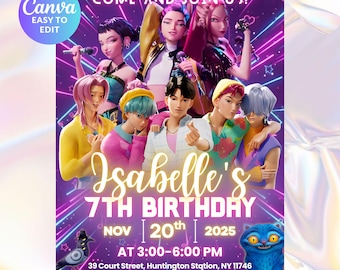 Kpop Demon Hunters Birthday Invitation - Editable Canva Template - Huntrix, Saja Boys Derpy - Printable Party Invite Digital Download