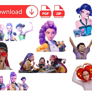 Huntrix-editie, K-pop op demonenjagers geïnspireerd digitaal stickerspakket: 48 stuks, png-bundelpakket direct downloaden: Huntr/x, Rumi, Mira, Zoey