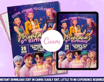 KPop Demon Hunter Birthday Invitation, Editable Canva Template, Kpop Anime Invite, Digital Download, Printable Birthday Card for Kids