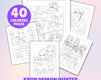 Demon Hunters Kpop 40 kleurplaten, afdrukbare pdf digitale download, Kids Birthday Activity Party Favor, Huntrix Saja Boys kleurboek