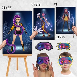 Pode incluir: Uma variedade de obras de arte e máscaras para os olhos. As obras de arte apresentam três ilustrações de personagens em estilo anime em poses dinâmicas. As máscaras para os olhos são em dois estilos, uma com um design roxo e azul e outra com um design amarelo de raios de sol.