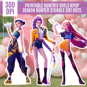 May include: Printable standee cutouts of three stylised female figures in vibrant outfits, each holding a weapon. The figures are set against a backdrop of pink and white balloons and a pink banner that says "Happy Birthday". The text "Printable Huntrix Girls Kpop Demon Hunter Standee Cut Outs" is at the top.