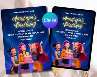 K-pop Demon Hunters Birthday Invite, Huntrix Party, Editable,Instant Digital Download, Template, Derpy, Rumi, Zoey, Mira, Kpop Demon Hunters
