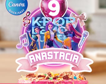 Editable Kpop Demon Hunters Cake Topper, Huntrix Kpop Birthday Toppers, Huntrix Party Decoration, Canva Template