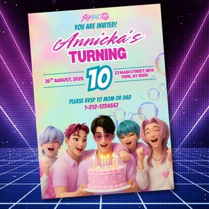 K-pop Demon Hunters Birthday Invite, Huntrix Party, Editable,Instant Digital Download, Template, Derpy, Rumi, Zoey, Mira, Kpop Demon Hunters