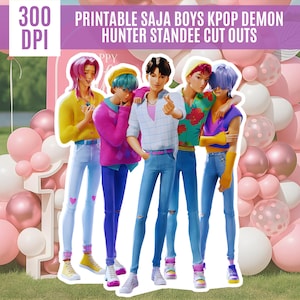 May include: A digital illustration featuring five stylized male figures in colorful outfits, standing in front of a pink and white balloon display. The image includes text that reads "Printable Saja Boys Kpop Demon Hunter Standee Cut Outs."