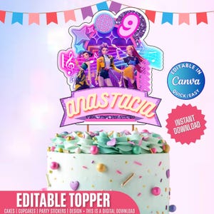 Może przedstawiać: Topper na ciasto z napisem "Anastacia" w różowym banerze, przedstawiający trzy animowane postacie i cyfrę 9. Topper jest ozdobiony nutami i gwiazdami, z tekstem "Editable in Canva" i "Instant Download".