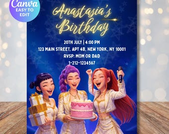 K-pop Demon Hunters Birthday Invitation - Editable Canva Template - Huntrix Golden Rumi Mira Zoey - Printable Party Invite Digital Download