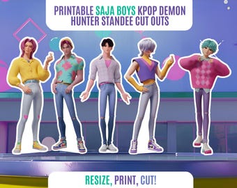 Recortes imprimibles de Saja Boys Kpop Demon Hunter para standee, decoración de fiesta Kpop Demon Hunter, decoración de utilería para fiesta de cumpleaños, standee de papel