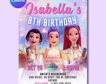 Kpop Demon Hunters Birthday Invitation - Editable Canva Template - Huntrix Golden White - Printable Birthday Party Invite Digital Download