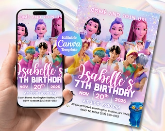 Kpop Demon Hunters Birthday Invitation - Editable Canva Template - Huntrix Golden White - Printable Birthday Party Invite Digital Download