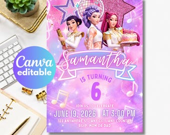 Kpop Demon Hunters Birthday Invitation, Editable Girls Kids Kpop Party Invite, Music Birthday Invite, Kpop Style Birthday Invitation