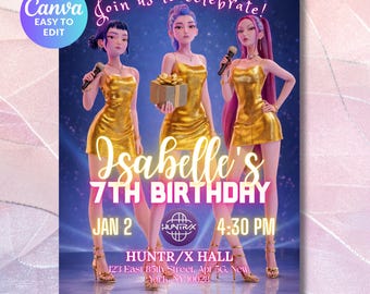 K-pop Demon Hunters Birthday Invitation - Editable Canva Template - Huntrix Golden Rumi Mira Zoey - Printable Party Invite Digital Download