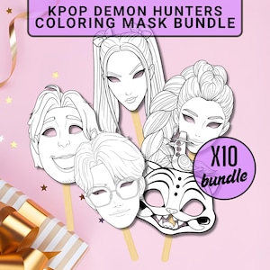May include: A bundle of ten coloring masks featuring KPOP Demon Hunters. The masks are black and white line drawings of various faces, including human and animal designs. The masks are attached to wooden sticks and are set against a pink background.
