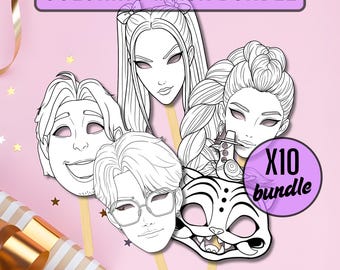 Maschere da colorare K-Pop Demon Hunters / Attività per feste in bianco e nero stampabile / Maschere fai da te per bambini / Download immediato
