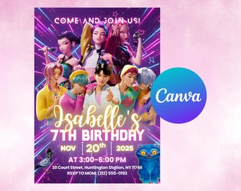Kpop Demon Hunters Birthday Invitation - Editable Canva Template - Huntrix, Saja Boys Derpy - Printable Party Invite Digital Download