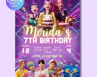 Kpop Demon Hunters Birthday Invitation, Editable Canva Template, Huntrix, Saja Boys Derpy, Printable Party Invite Digital Download