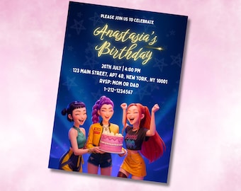 May include: A birthday party invitation with a dark blue background and white stars. The invitation reads "Anastasia's Birthday" with the date, time, and location. Three animated girls are featured, one holding a pink cake.