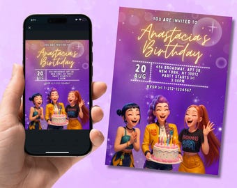 May include: A birthday invitation featuring a purple background with the text "You are invited to Anastacia's Birthday." The invitation includes the date, time, and location. The design includes illustrations of three smiling women holding a cake.