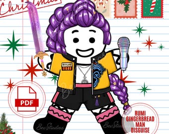 Disguise the Gingerbread Man Kpop Hunter Printable Craft Kit, Rumi Coloring Gingerbread in Disguise, Christmas Activity Crafts for Kids